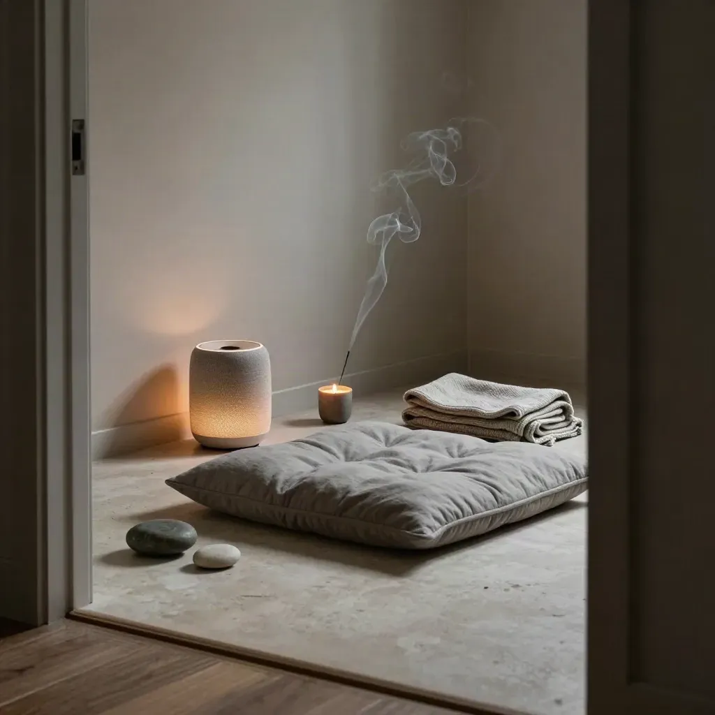 Meditation cushion, speaker, blanket, candle, and stone in a calm evening room.