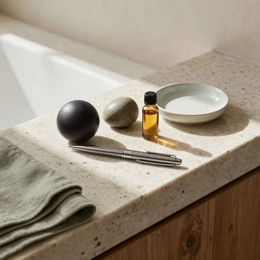 Top-down reset kit on travertine: stress ball, worry stone, amber vial, pen, ceramic dish.