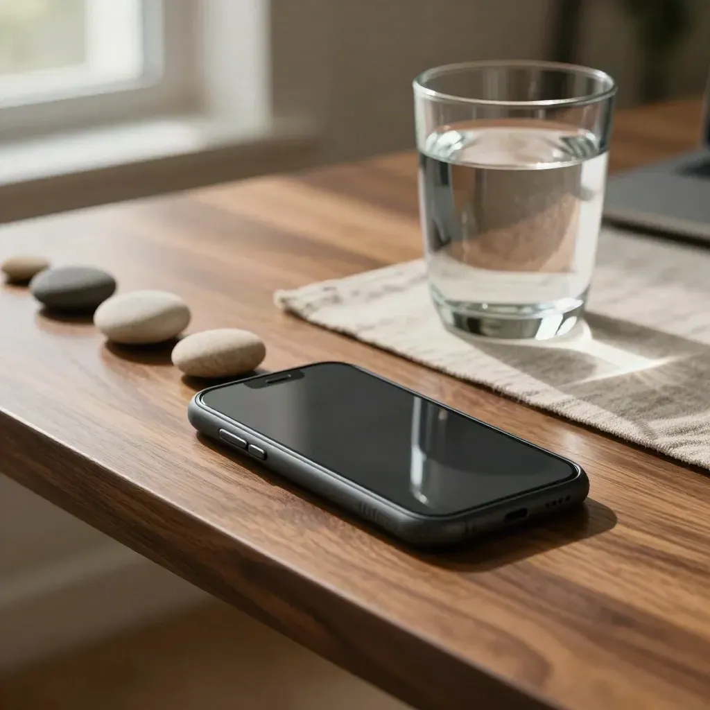 Five stones, a face-down phone, and a glass of water on a walnut desk by window light.