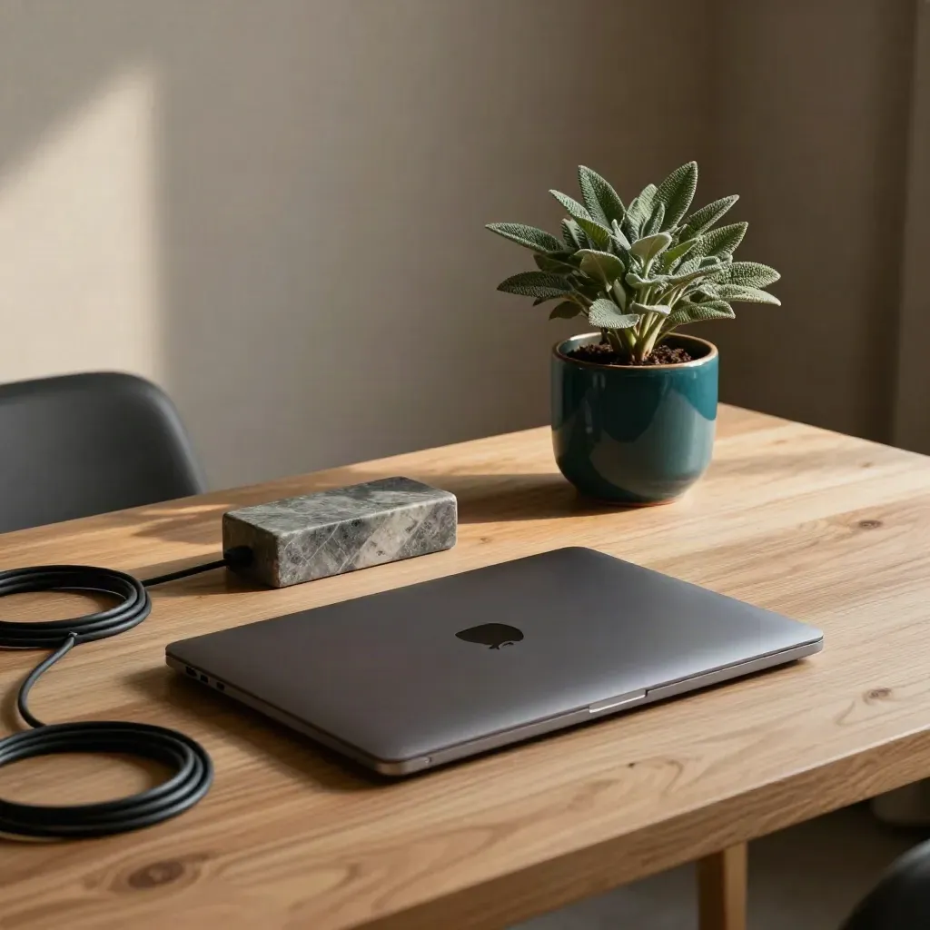 Closed laptop, coiled cable, paperweight and small teal plant on a sunlit reset desk.