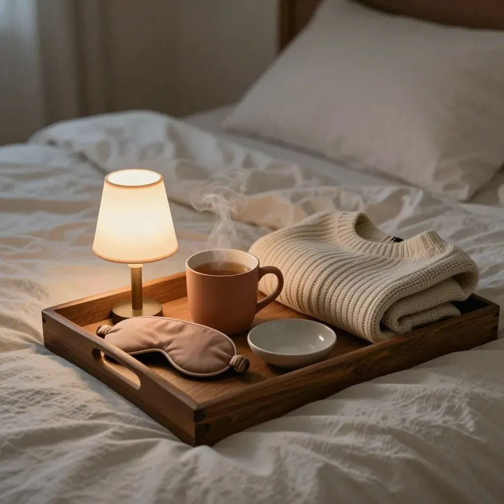 Bedside tray with herbal tea, lamp, sweater, sleep mask, and empty bowl by the bed.