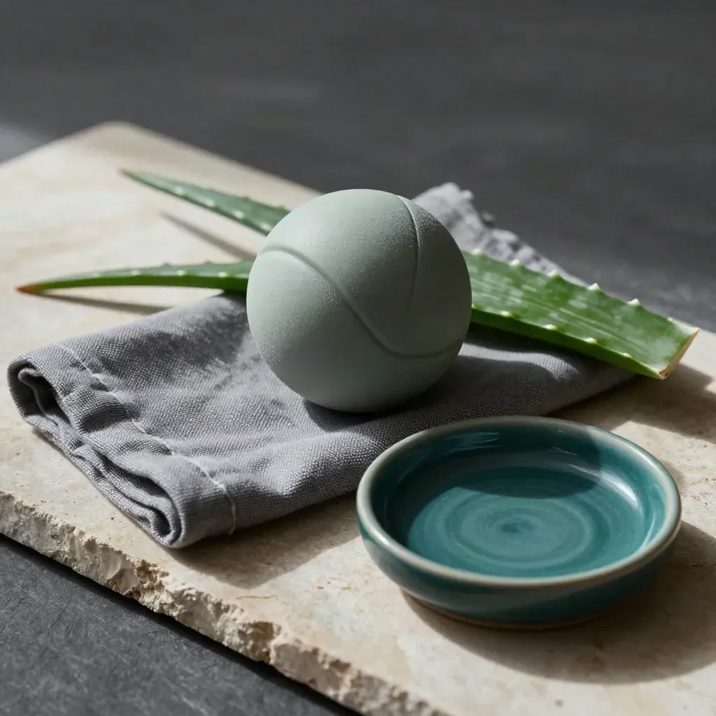 Overhead stress ball with aloe sprig, cloth, and ceramic dish on stone