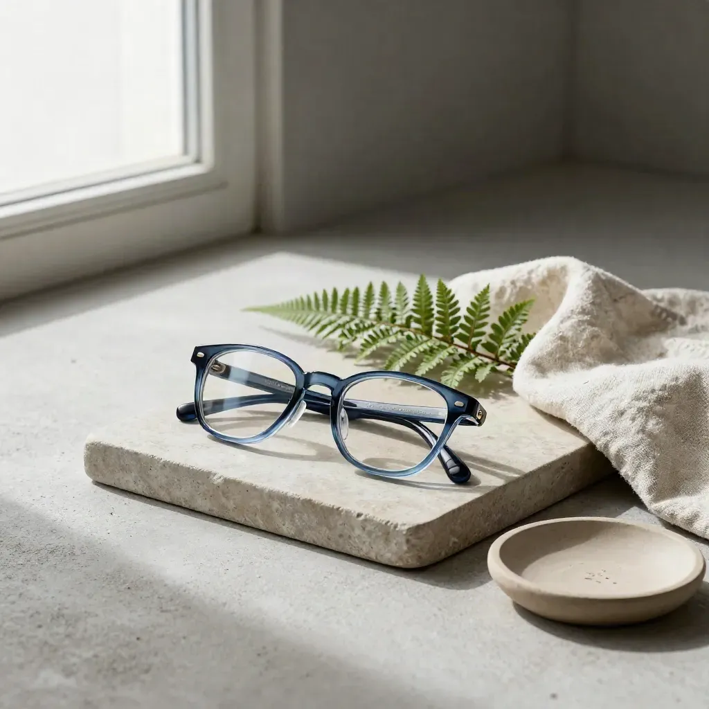 Blue-light glasses on a stone tray with fern, linen, and clay dish in soft window light.